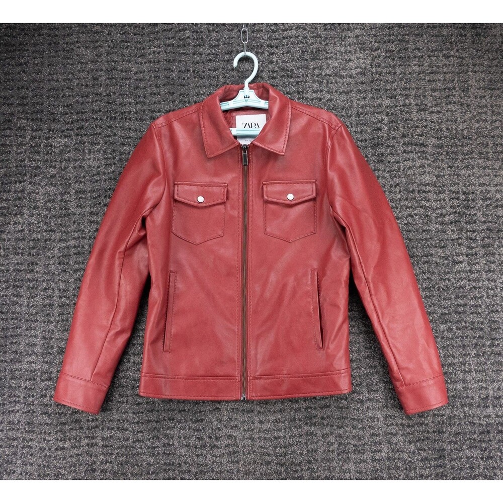 Zara Jacket Womens Small Red Faux Leather Full Zip Lined Casual City Biker Moto